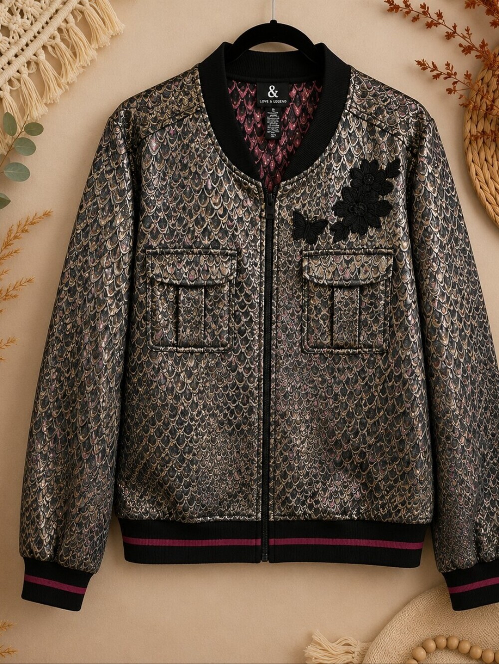 Love & Legend Metallic Jacquard Bomber Jacket 3X Floral Appliqué